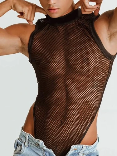 INCERUN Men's Sleeveless Grid Hollow Out See-through One-piece Top Singlet Breathable Bodysuit