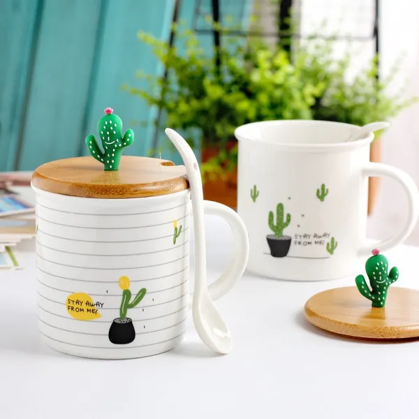 Creative Cactus Ceramic Cup with Wooden Cover and Spoon Set