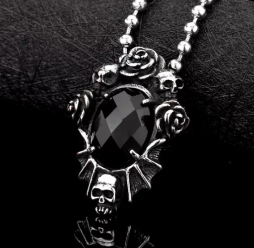 'Black Dahlia'  Black Skull Rose Necklace