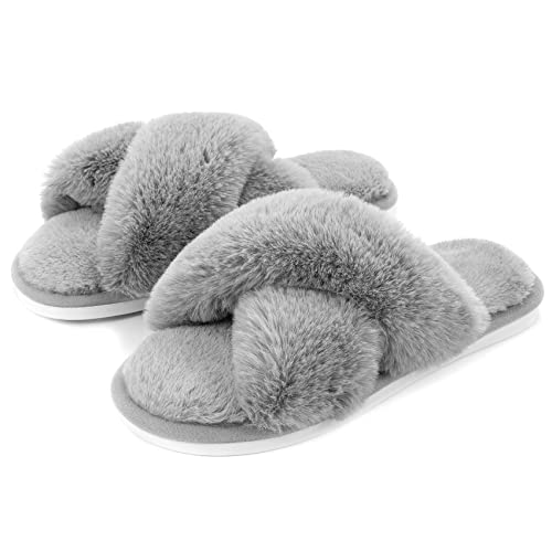 Metog Women's Fuzzy Slippers House Slippers Cross Band Slippers Indoor Outdoor Soft Open Toe Slippers - 9-10 - Grey