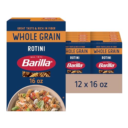 Barilla Whole Grain Rotini Pasta, 16 oz. Box (Pack of 12) - Non-GMO Pasta Made With 100% Whole Grain Durum Wheat - Great Source of Fiber - Rotini - 1 Pound (Pack of 12)