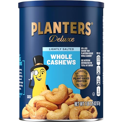 PLANTERS Deluxe Lightly Salted Whole Cashews, Party Snacks, Plant-Based Protein, Quick Snack for Adults, After School Snack, Roasted Cashew, Flavored with Sea Salt, Kosher, 1lb 2.25oz Canister - Lightly Salted - 18.25 Ounce (Pack of 1)