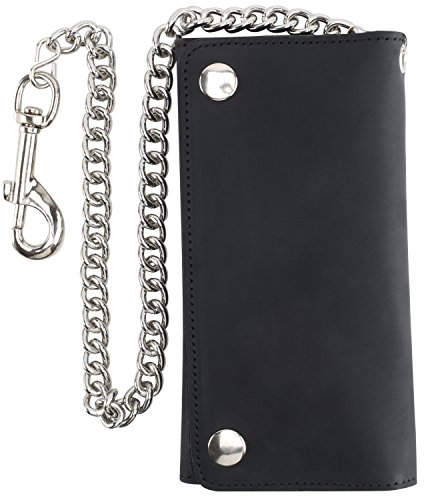 RFID Blocking Men's Tri-fold Vintage Long Style cow Leather With Chain card holder Wallet,MADE IN USA - One Size - solid black