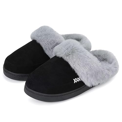 NineCiFun Women's and Men's Suede House Slippers Slip on Fuzzy Slippers with Faux Fur Lining Indoor Outdoor Home Shoes with Rubber Sole - 12-13 Women/10-11 Men - Black