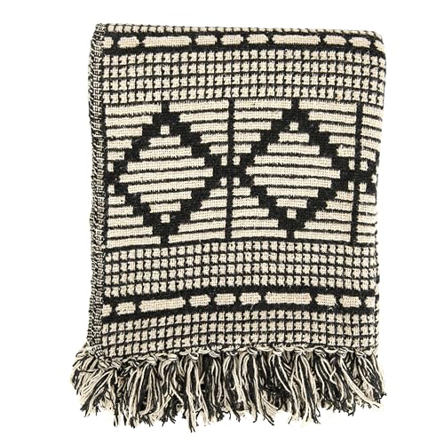 Bloomingville Black & Beige Woven Cotton Blend Blanket with Fringe Throw, One Size fits All, Black