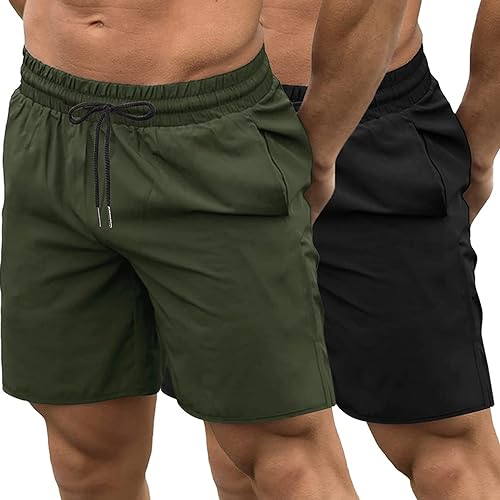 COOFANDY Men's 2 Pack Gym Workout Shorts Quick Dry Bodybuilding Weightlifting Pants Training Running Jogger with Pockets - Black/Olive Green - X-Large