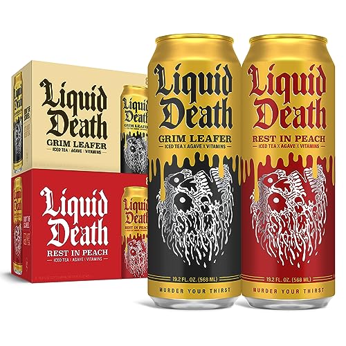 Liquid Death Peach & Grim Iced Black Tea Mixed Pack (16 x 19.2 oz King Size Cans) - Grim Leafer & Rest in Peach - 16 Pack
