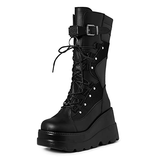 mikarka Womens Holographic Platform Mid Calf Combat Boots Lace Up Wedge Heel Studded Goth Knee High Boots - 9 - Dust-black