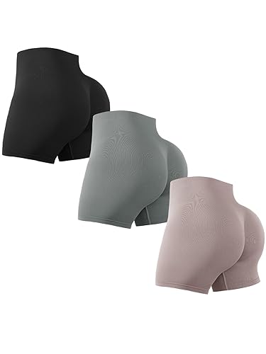 LISSMOMO 3 Piece Workout Shorts Womens Seamless High Waisted Scrunch Butt Athletic Gym Yoga Biker Shorts S-XL - Black/Gray/Lotus - Medium