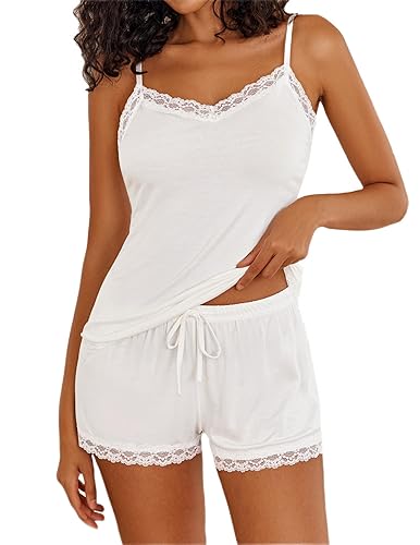 Avidlove Women Cami Pajama Set Modal Sleepwear Lace Trim Short PJ Set with Shorts S~XXL - Large - Lace Pj Set-white