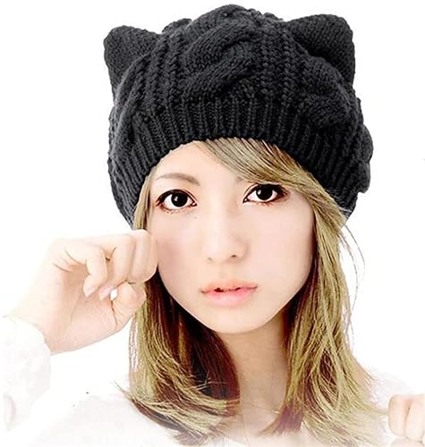 CICITOYWO Cute Woollike Knitted CAT Kitty Ears Women Lady Girl Headgear Crochet Christmas Beanie Hats - Black