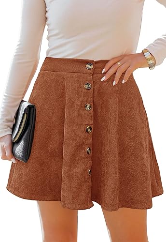 HERBATOMIA Women’s Button Front Skater Skirt High Elastic Waist Corduroy A-line Pleated Mini Skirts for Women with Pocket - Brown - Large