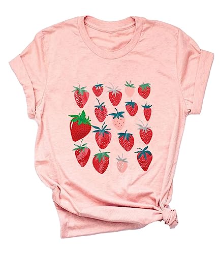 Women Strawberry Cute Graphic T Shirts Fruit Shirts Strawberries Print Cottagecore Clothing Tshirt Garden Tee Tops - C Pink - Large