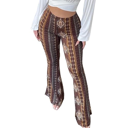 Women's Flare Yoga Leggings High Waisted Boho Palazzo Wide Leg Pants Bell Bottoms - Small - Brown