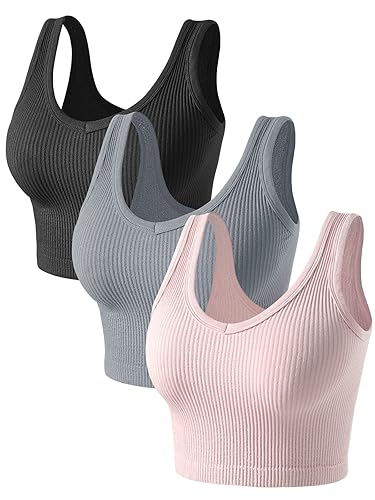 PINKSAVIOR Womens Crop Tops Basic Sleeveless V-Neck 3 Pieces Black White Ribbed Seamless Casual Cami Tank Tops - Black/Grey/Light Pink - Small