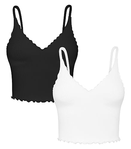 Sunzel Tank Top for Women, V Neck Seamless Ribbed Crop Sports Bra with Ruffles - Medium-Large - Black & White