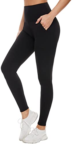 Leggings with Pockets for Women - Buttery Soft Non See Through Yoga Pants High Waist Tummy Control Workout Athletic Pants - 01 Black - Small-Medium