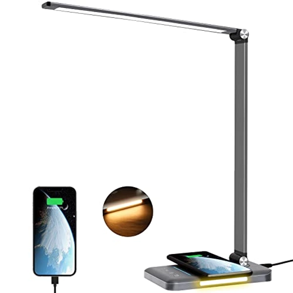 AFROG 8-in-1 4th Gen Multifunctional LED Desk Lamp with 10W Fast Wireless Charger,USB Charging Port,1200Lux Super Bright,5 Lighting Mode,7 Brightness，40 Min Timer,Night Light Function,5000K