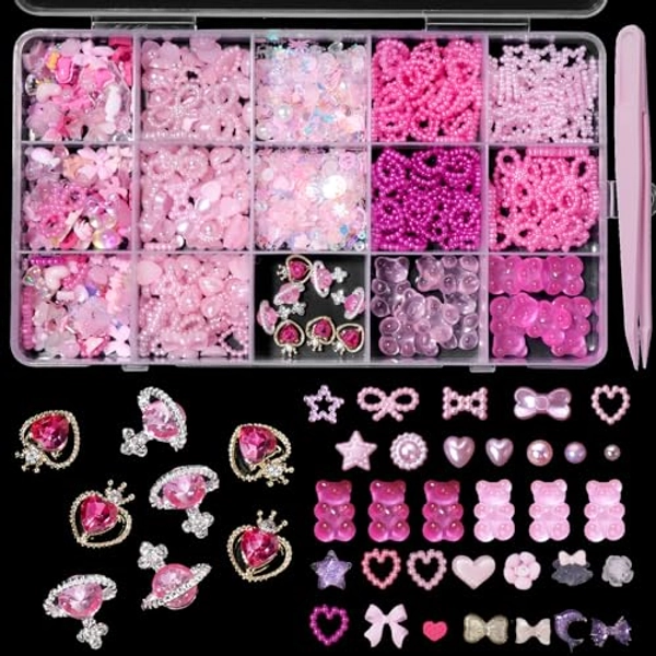 3D Pink Assorted Pearls Gems Nail Charms Heart Butterfly Bow Bear Nail Charms Star Bows Pearls Planet Nail Charms for Manicure DIY Crafts Jewel Accessories