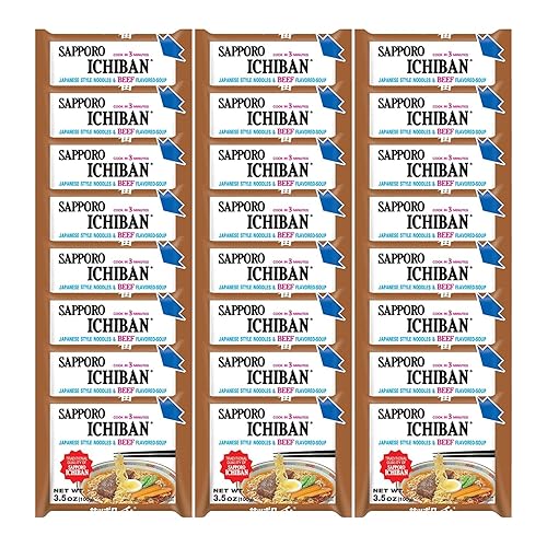 [SAPPORO ICHIBAN] Ramen Noodles, Beef Flavor, No. 1 Tasting Japanese Instant Noodles (3.5 Oz. x 24 packs) | 24 Pack Case