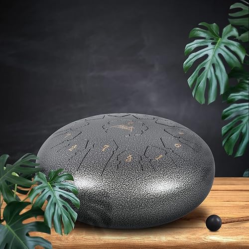 Steel Tongue Drum, AKLOT 12 inch 13 Notes Tank Drum C Key Percussion Steel Drum Kit w/Drum Mallets Note Stickers Finger Picks Mallet Bracket and Gig Bag - 12 inches