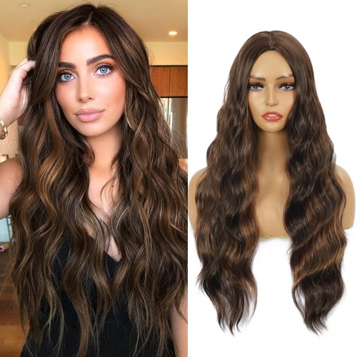 FAYDORYS Lange lockige braune Perücken, dunkelbraune Mischung Kastanienperücke für Frauen, natürliche Welle, Mittelscheitel, hitzebeständige synthetische Perücke