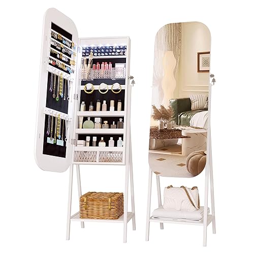 LVSOMT Round Mirror Jewelry Cabinet Standing, Over the Door/Wall Mounted Jewelry Cabinet, Floor Mirror with Storage, Lockable Jewelry Mirror Organizer Full Length, White - Round-White