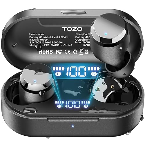 TOZO T12 (Compact Ergonomic Edition) Wireless Earbuds Bluetooth 5.3 Headphones, Call ENC Noise Cancelling Mic, 55Hrs Playtime App Customize EQ IPX8 Waterproof LED Digital Display Premium Sound Headset - Black - Small - Ergonomic Edition