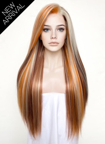 Brown Straight Synthetic Lace Front Hair Wig With Blonde Copper Highlights LW4024 | Brown With Blonde Copper Highlights