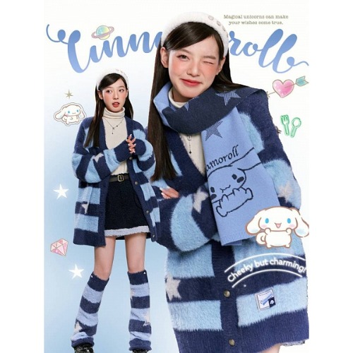 [$54.50]Sanrio Authorized Cinnamoroll Blue V-neck Striped Cardigan