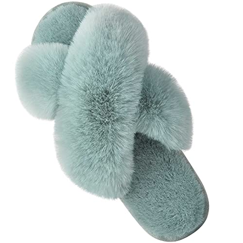 Women's Cross Band Slippers Fuzzy Soft House Slippers Plush Furry Warm Cozy Open Toe Fluffy Home Shoes Comfy Indoor Outdoor Slip On Breathable - 7-8 - Turquoise