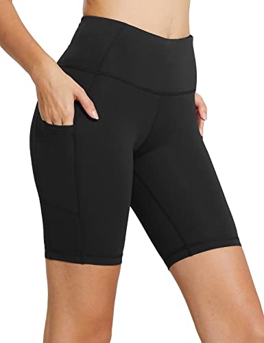 BALEAF Women's 8"/ 7"/ 5" High Waist Biker Shorts Workout Yoga Running Gym Compression Spandex Shorts Side Pockets - 1-brushed Buttery Soft Black-8" Medium