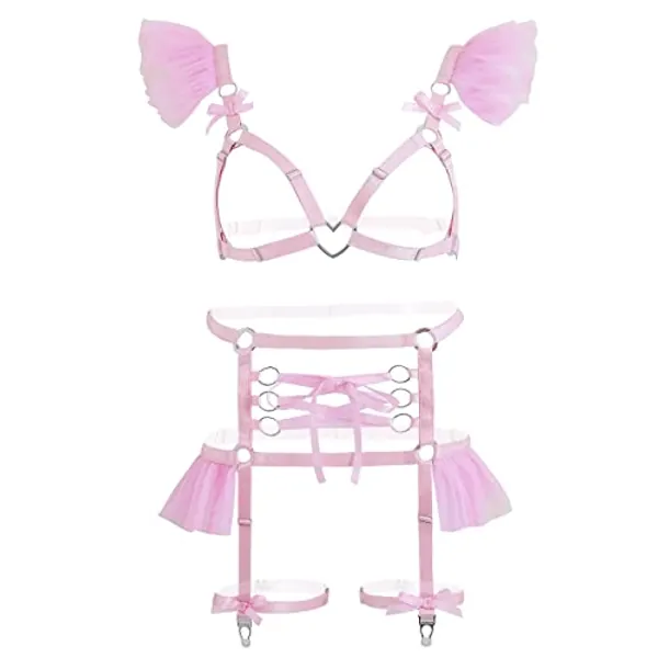 paloli Punk Gothic Full Cage Body Harness for Women | Elastic Strappy Hollow Ruffle Tutu Garter Belts Waist Set