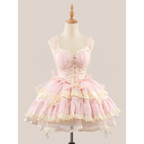 [$99.50]Pink Hime Dress Tiered Ruffles Hem Jumper Skirt