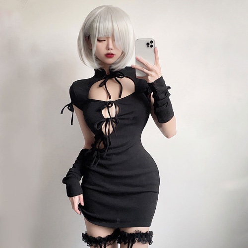 Sexy Chinese Style Bodycon Dress Black Gothic Cut Out Mini Dress Halloween Cosplay Outfits | Dress Set / S