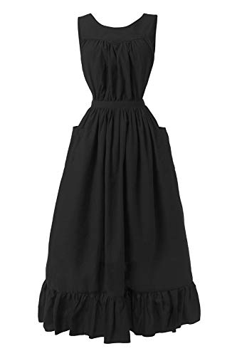White Vintage Maid Ruffle Apron for Women Colonial Pioneer Peasant Apron Pinafore Adjustable Kitchen Gift - Large - Black