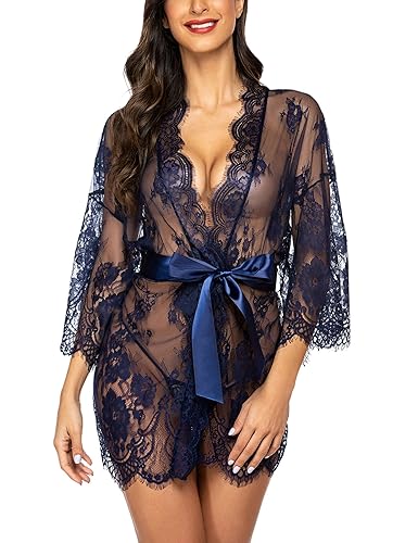 Avidlove Women's Lace Kimono Robe Babydoll Lingerie Mesh Nightgown S-5XL, Navy Blue, X-Large
