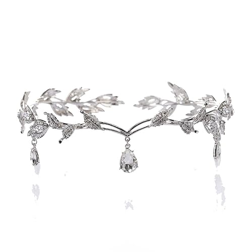 Crystal Round Full Crown Bridal Wedding Rhinestone Waterdrop Leaf Tiara Crown Headband Frontlet Bridesmaid Hair Jewelry