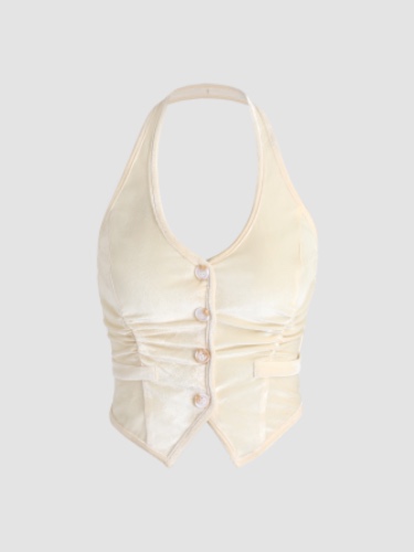 Button Up Beige Halter Waistcoat Top 