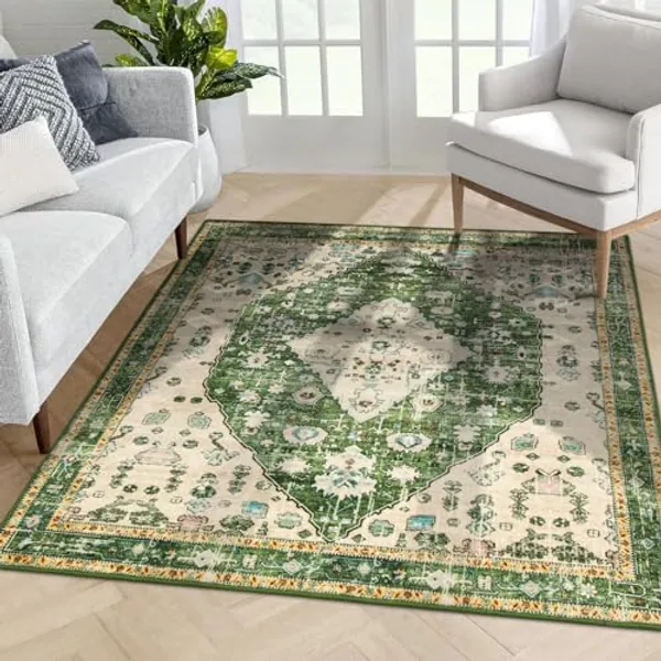 Lahome Boho Tribal Square 8x8 Area Rug, Green Machine Washable Bedroom Rugs Soft Living Room Rug, Large Oriental Distressed Non Slip Non-Shedding Printed Floor Carpet for Den Dining Room Nursery