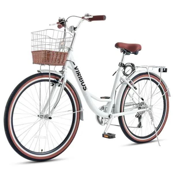 Viribus Womens Bike, 7 Speed Bike for Adults Women 24 26 inch with Ratten Basket, Beach Cruiser Bike for Women, Womens Bicycle for Commuting, Step Through City Bikes for Women Adults Ladies