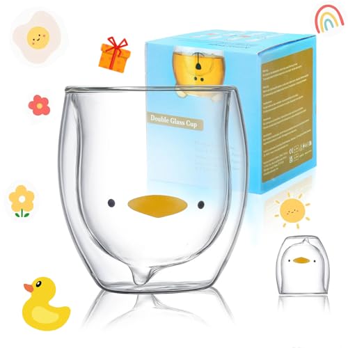 Duck Mug Cute Mugs Glass Double Wall Insulated Glass Espresso Cup, Coffee Cup, Tea Cup, Milk Cup,Kawaii Gift for Office and Personal Birthday Christmas (Duck) - Duck