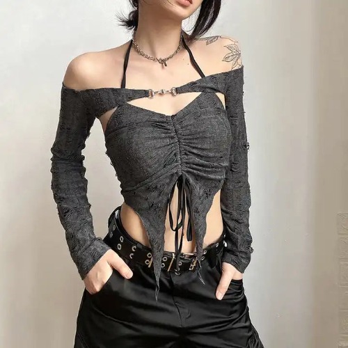 Grunge Backless Crop Top - Grey / M