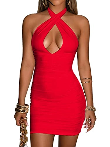popiv Sexy Partykleid Damen Tief V-Ausschnitt Neckholder Bodycon Minikleid Ohne Ärmel Rückfrei Einfarbig Abendkleid - M - #Rot