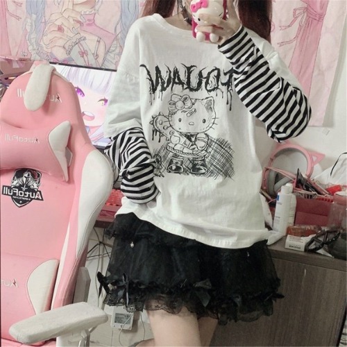 Menhera Kitty Long Sleeve Top - Black / L