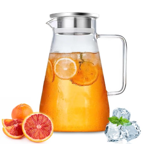 Nutabevrd 2,3 liter glaskanna, vattenkaraff med lock i rostfritt stål, handtag, filter, varmt och kallt glas karaff, lätt att rengöra vattenmugg, för hemlagade drycker/kaffe/mjölkste/vin/juice
