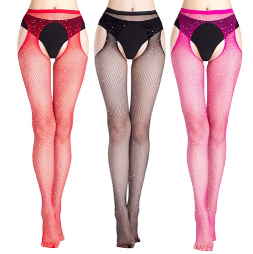Shecret Women's Fishnet Stockings Glitter Rhinestone Stockings Sparkly Tights - One Size 3 Pairs[black Red Rosered]