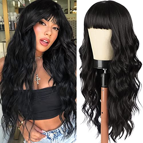 Vigorous Black Wig with Bangs Long Wavy Wig for Women Heat Resistant Synthetic Wigs Natural Looking for Daily Party Use - Black - 26 Inch