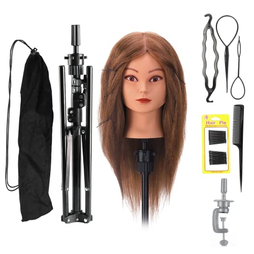 Neverland 18 Inch Mannequin Head with Wig Stand Tripod,100% Real Hair Braiding Cosmetology Manikin Head with Mannequin Head Stand,Doll Head for Hair Styling Training with Table Clamp,Practice Set