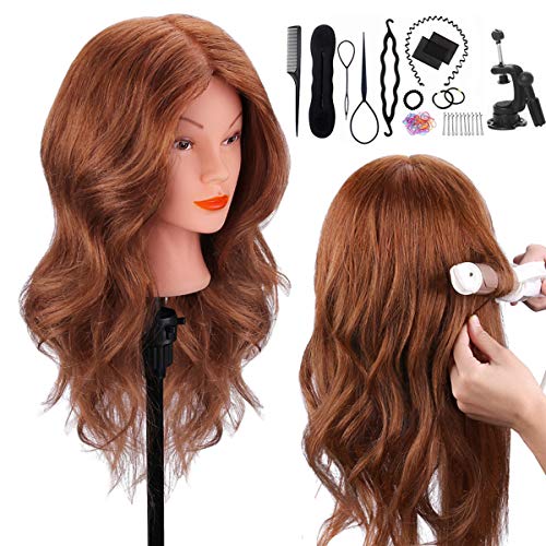 Mannequin Head with 100% Human Hair, TopDirect 18" Dark Brown Real Hair Cosmetology Mannequin Head Hair Styling Hairdressing Practice Training Doll Heads with Clamp Holder and Tools - Dark Brown